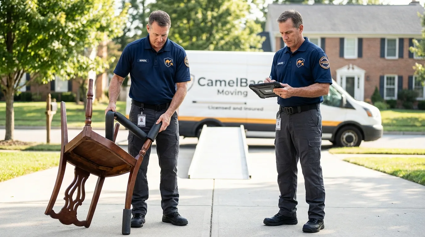 Movers inspecting furniture for damage prevention before loading in Gibbsboro, NJ