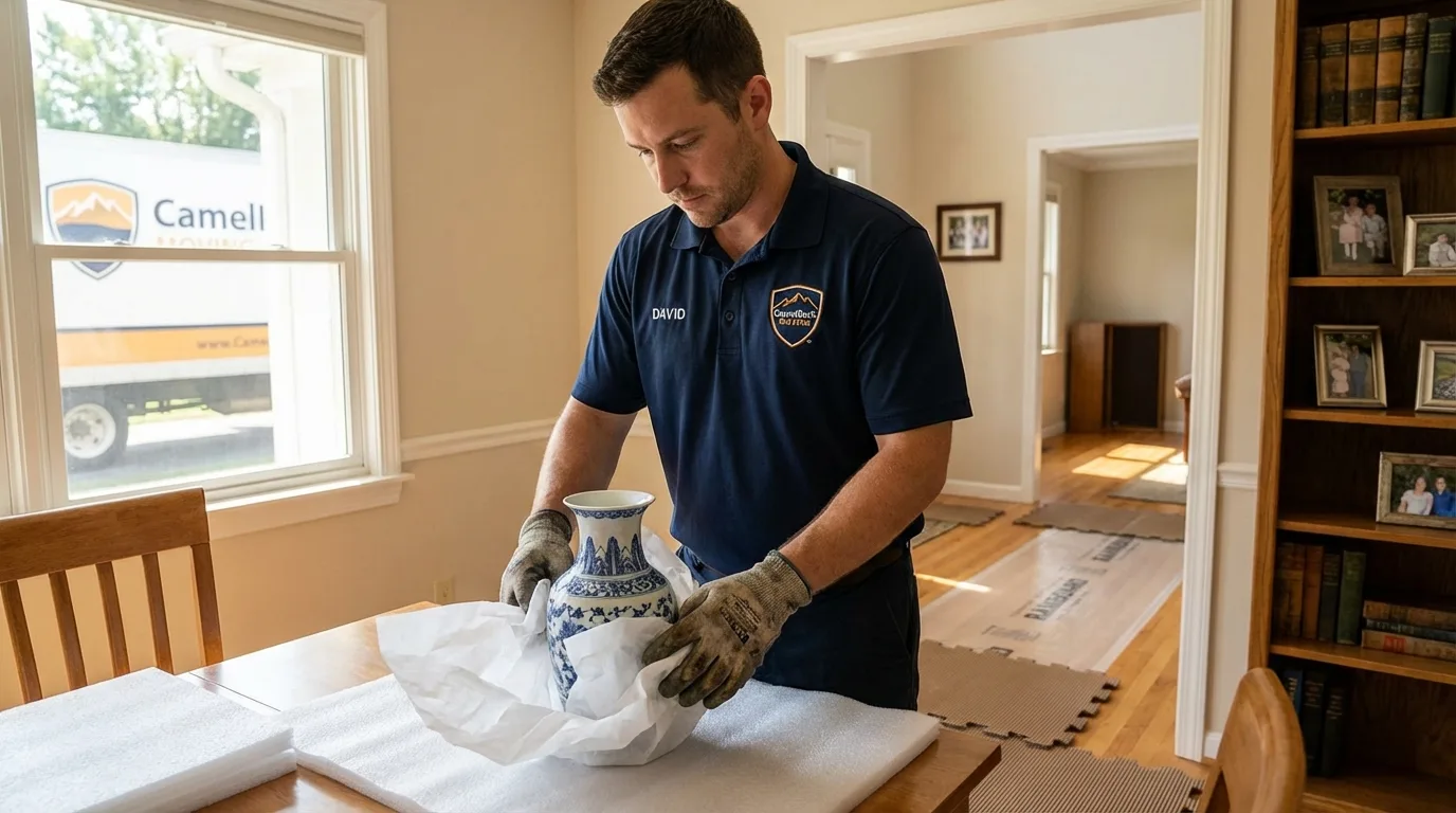 Professional crew carefully wrapping antique vase for senior downsizing move in Gibbsboro, NJ
